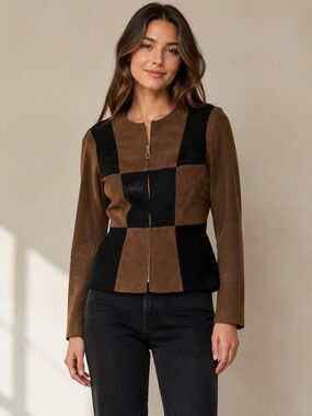 Jessica Howard Vintage Brown Black Patchwork Zip Jacket Size 10